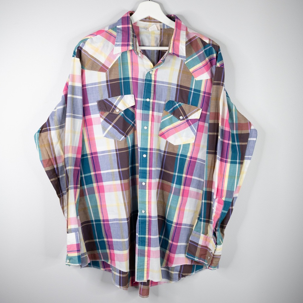Saddlebrook Western Wear Men's XL shirt, plaid pink brown, pearl snaps‎ Vintage